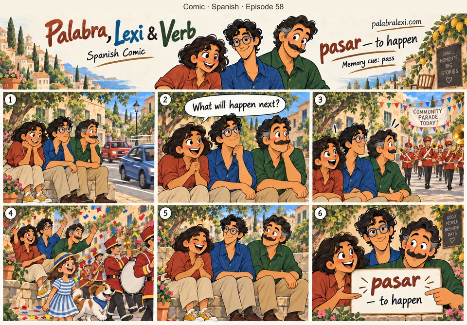 Spanish comic, episode 58: pasar — to happen. The trio watches cars pass along a quiet street and wonders what will HAPPEN next: a friendly parade arrives. No ungrammatical pass are phrase.
