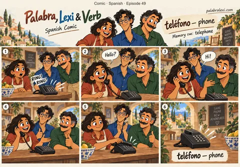 Spanish comic, episode 49: teléfono — phone. When the telephone rings, the friends answer the call.