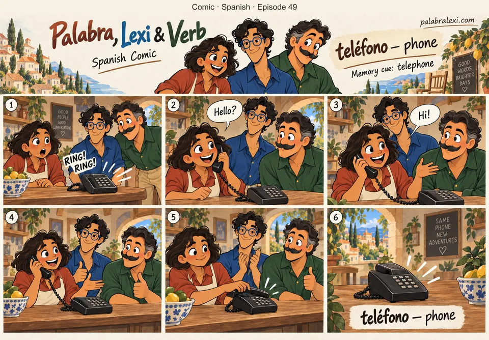 Spanish comic, episode 49: teléfono — phone. When the telephone rings, the friends answer the call.