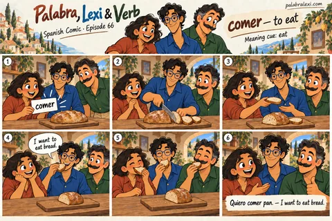 Spanish comic, episode 66: comer — to eat. The friends slice a loaf, share bread and eat their portions at the table.