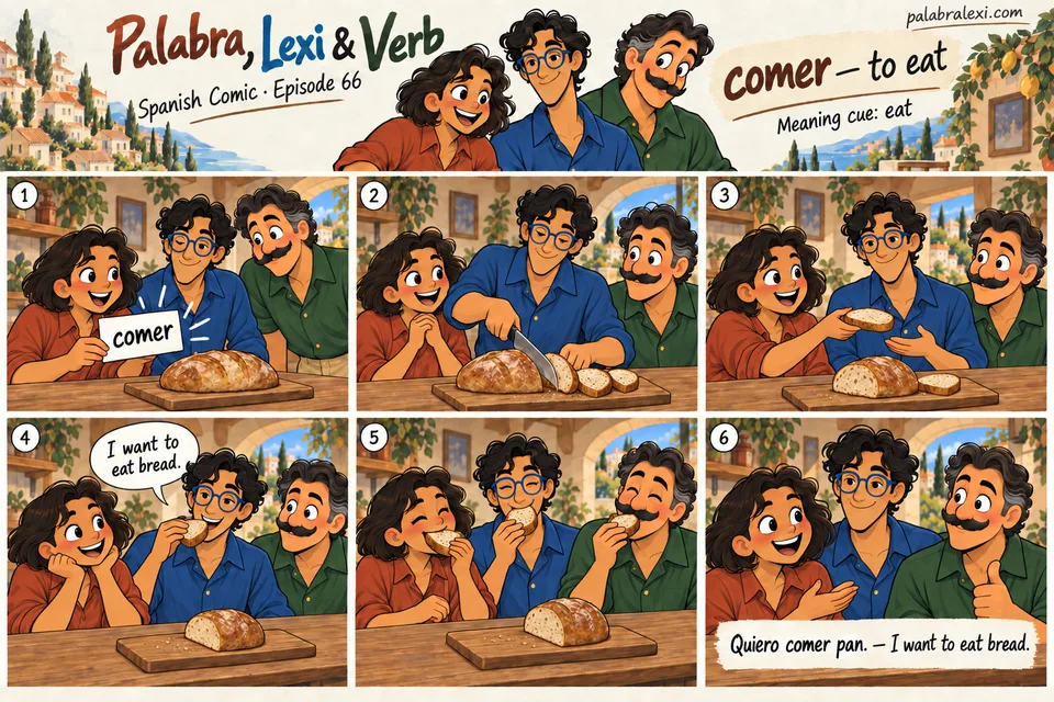 Spanish comic, episode 66: comer — to eat. The friends slice a loaf, share bread and eat their portions at the table.