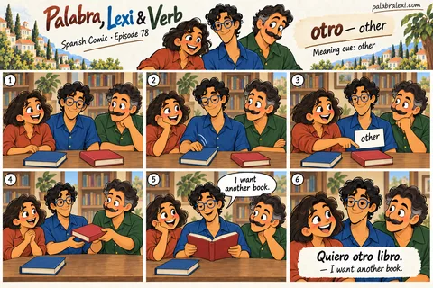 Spanish comic, episode 78: otro — other. Lexi chooses another book after finishing the blue one.