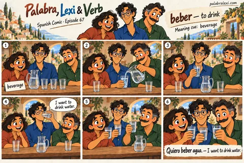 Spanish comic, episode 67: beber — to drink. The friends pour water into glasses and drink it together.