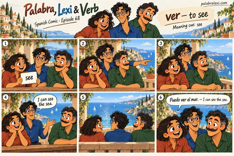 Spanish comic, episode 68: ver — to see. From a terrace, the friends look toward the sea and describe what they can see.