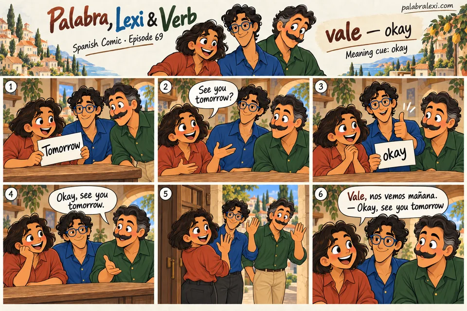 Spanish comic, episode 69: vale — okay. The friends agree to meet tomorrow and say okay to the plan.