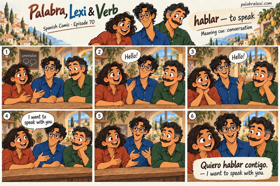Spanish comic, episode 70: hablar — to speak. Palabra invites Lexi to a conversation while Verb listens.