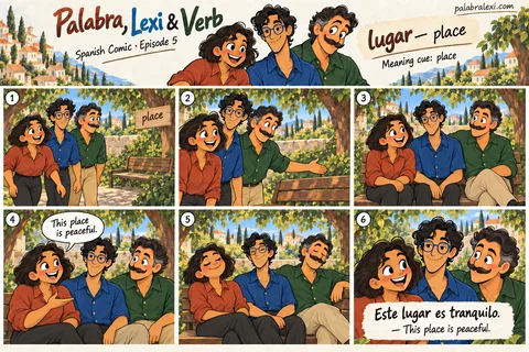Spanish comic, episode 5: lugar — place. The friends find a peaceful place under a tree and sit on a bench.