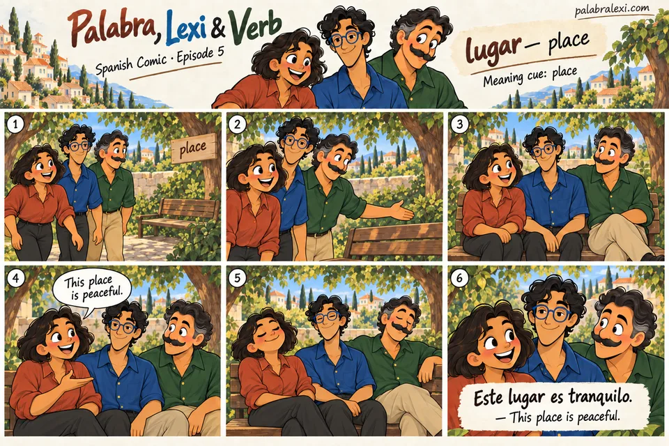 Spanish comic, episode 5: lugar — place. The friends find a peaceful place under a tree and sit on a bench.