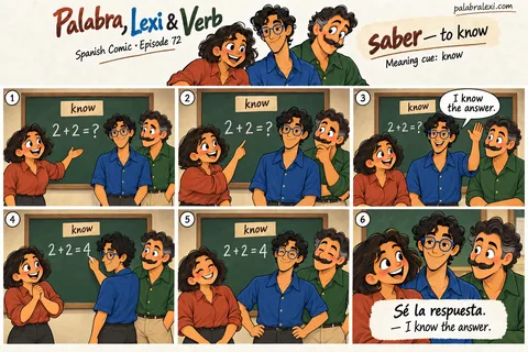 Spanish comic, episode 72: saber — to know. Lexi knows the answer to a simple arithmetic question and explains it to his friends.