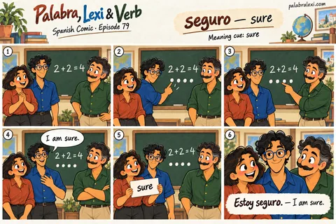 Spanish comic, episode 79: seguro — sure. Lexi checks the answer twice and is sure it is correct.