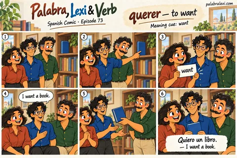 Spanish comic, episode 73: querer — to want, to love. Lexi wants the blue book displayed in the bookshop.