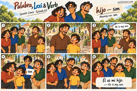 Spanish comic, episode 83: hijo — son. A father introduces his son to the three friends.