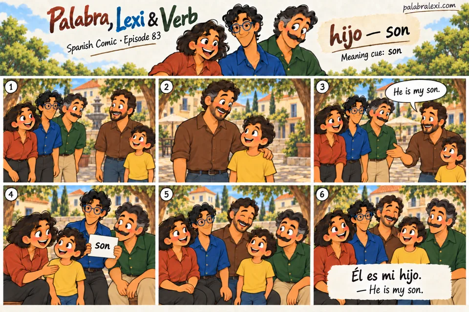 Spanish comic, episode 83: hijo — son. A father introduces his son to the three friends.