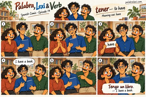 Spanish comic, episode 74: tener — to have. Lexi shows the book he has brought with him.