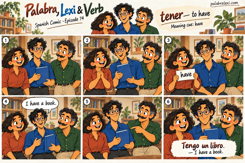 Spanish comic, episode 74: tener — to have. Lexi shows the book he has brought with him.