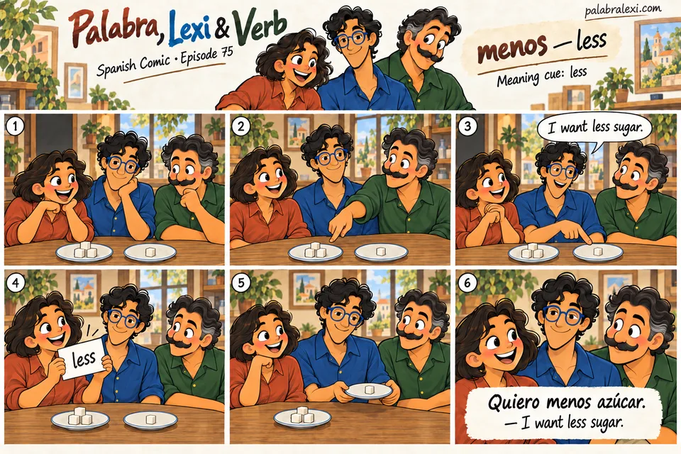 Spanish comic, episode 75: menos — less. Lexi asks for less sugar and compares two portions.