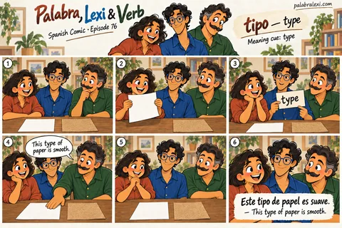 Spanish comic, episode 76: tipo — guy/type. The friends compare two types of paper and choose the smooth sheet.