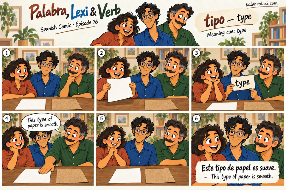 Spanish comic, episode 76: tipo — guy/type. The friends compare two types of paper and choose the smooth sheet.