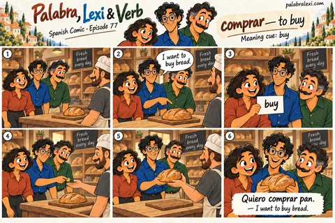Spanish comic, episode 77: comprar — to buy. The friends buy one loaf of bread from a baker.