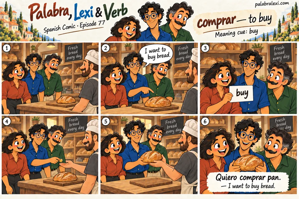 Spanish comic, episode 77: comprar — to buy. The friends buy one loaf of bread from a baker.