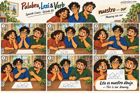 Spanish comic, episode 80: nuestro — our. The friends make a drawing together and call it their shared drawing.