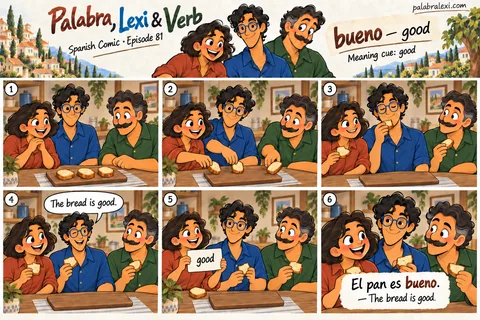 Spanish comic, episode 81: bueno — good. The friends taste fresh bread and agree that it is good.