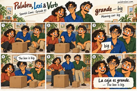 Spanish comic, episode 82: grande — big. The friends compare two boxes and point out the big one.