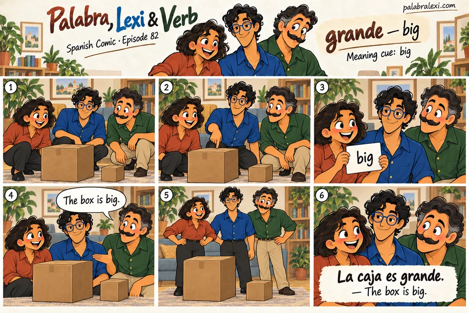 Spanish comic, episode 82: grande — big. The friends compare two boxes and point out the big one.