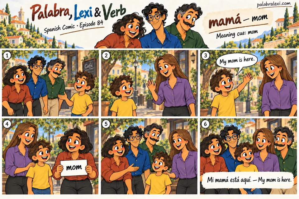 Spanish comic, episode 84: mamá — mom. A child greets his mother when she arrives to meet the three friends.