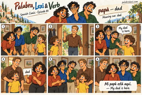 Spanish comic, episode 85: papá — dad. A child welcomes his father and introduces him to the three friends.
