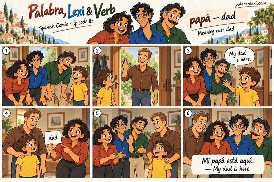 Spanish comic, episode 85: papá — dad. A child welcomes his father and introduces him to the three friends.