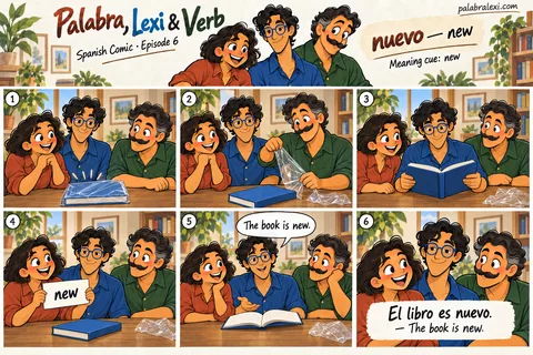 Spanish comic, episode 6: nuevo — new. The friends open a newly bought book with a clean cover.