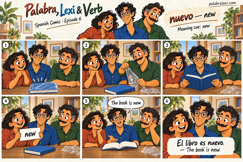 Spanish comic, episode 6: nuevo — new. The friends open a newly bought book with a clean cover.