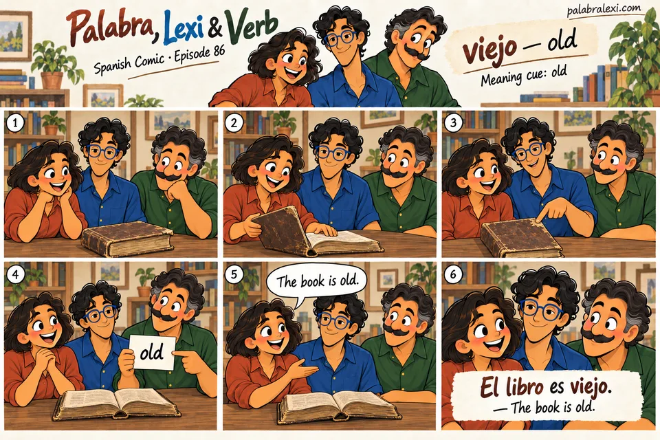Spanish comic, episode 86: viejo — old. The friends carefully look through an old book with a worn cover.