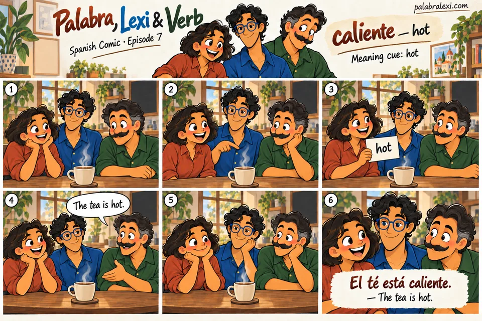 Spanish comic, episode 7: caliente — hot. The friends notice steam rising from a cup of hot tea and wait before drinking.