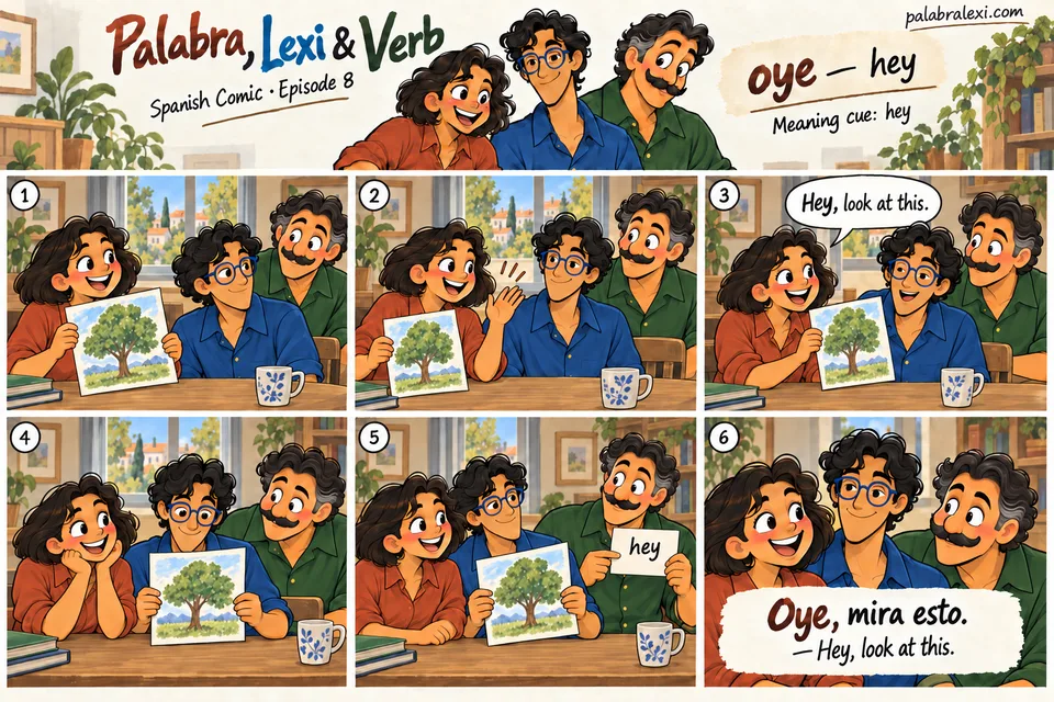 Spanish comic, episode 8: oye — hey. Palabra says hey to get Lexi’s attention and shows him a drawing.