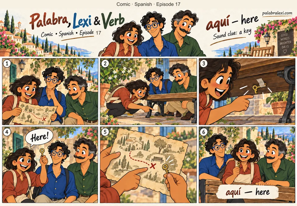Spanish comic, episode 17: aquí — here. Here, taped under the bench, a key waits exactly where the map's X points.