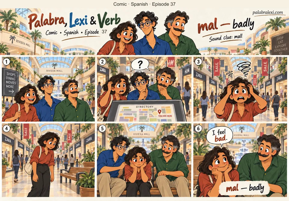 Spanish comic, episode 37: mal — badly. The three friends get lost in a crowded mall. Palabra feels bad, and Lexi and Verb sit with her on a bench.