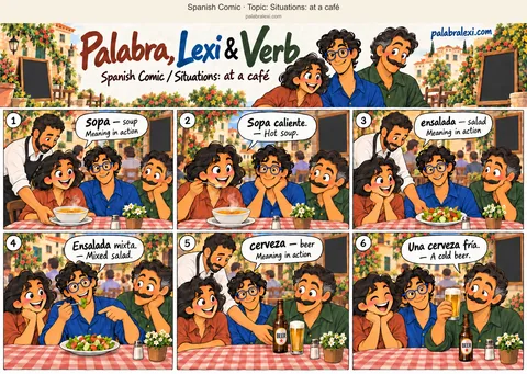 Thematic word collection: sopa — soup; ensalada — salad; cerveza — beer. A waiter serves Palabra hot soup and Lexi a mixed salad. Afterwards, Verb holds a glass of cold beer beside its bottle.