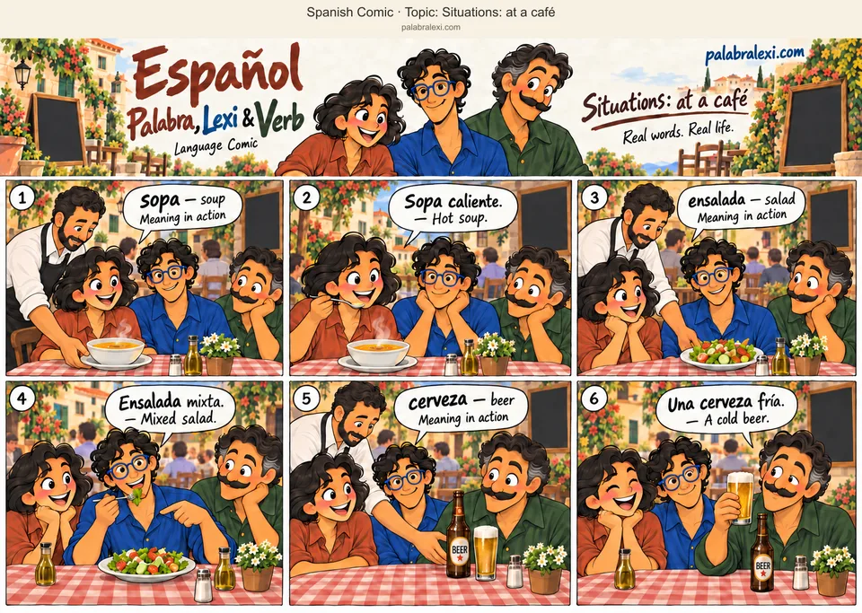 Thematic word collection: sopa — soup; ensalada — salad; cerveza — beer. A waiter serves Palabra hot soup and Lexi a mixed salad. Afterwards, adult Verb holds a glass of cold beer beside its bottle.