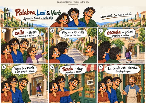 Thematic word collection: calle — street; escuela — school; tienda — shop. A local resident points along the street where she lives. The friends pass a school where a pupil enters with her backpack, then visit a neighbouring shop whose owner opens the door.