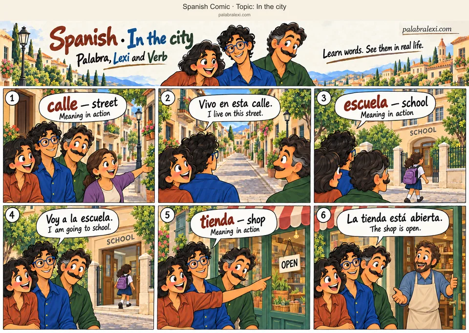 Thematic word collection: calle — street; escuela — school; tienda — shop. A local resident points along the street where she lives. The friends pass a school where a pupil enters with her backpack, then visit a neighbouring shop whose owner opens the door.