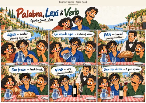 Thematic word collection: agua — water; pan — bread; vino — wine. At a cafe table, Lexi pours water into a clear tumbler. A waiter brings fresh bread on a board, and Palabra tears off a piece. The waiter then brings a bottle of wine and serves a glass for Verb.