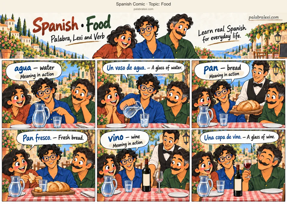 Thematic word collection: agua — water; pan — bread; vino — wine. At a cafe table, Lexi pours water into a clear tumbler. A waiter brings fresh bread on a board, and Palabra tears off a piece. The waiter then brings a bottle of wine and serves a glass for Verb.