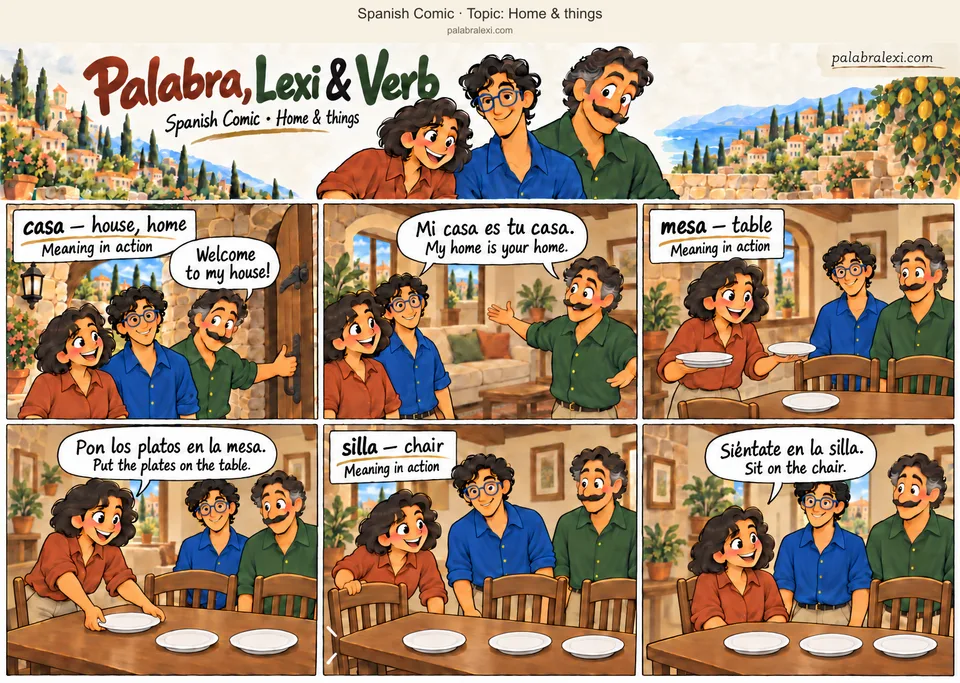 Thematic word collection: casa — house, home; mesa — table; silla — chair. Verb welcomes his friends into a house. Palabra places three separate white plates on the table. She pulls out the left wooden chair and sits on that same chair.