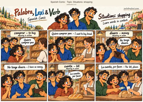 Thematic word collection: comprar — to buy; dinero — money; cuenta — bill. Palabra asks the baker for a loaf of bread. Lexi opens his wallet: it is empty, so Verb offers to pay. Palabra asks for the bill, and Verb gives the baker a banknote while she holds the receipt.