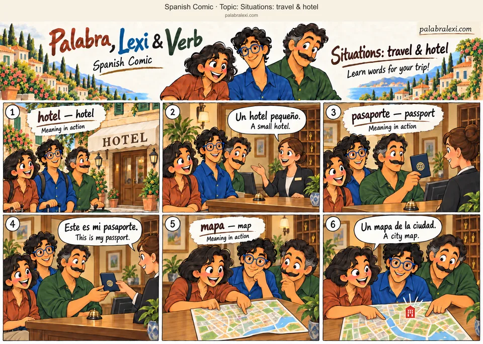 Thematic word collection: hotel — hotel; pasaporte — passport; mapa — map. The trio arrive at the entrance of a small hotel. A receptionist welcomes them to that hotel. Verb shows his generic passport to the receptionist with private details hidden. The receptionist returns the same passport after checking it. Palabra opens a city map on the reception counter. The trio locate the hotel on that map and plan a walk.